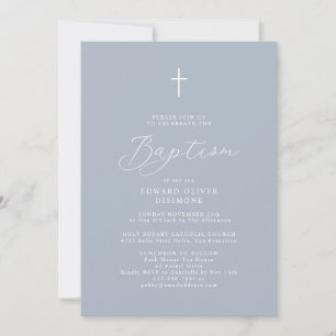 Invitation Script moderne Dusty Blue Baby Photo Baptême