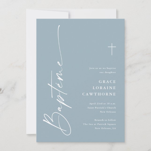 Invitation Script moderne Dusty Blue Boys French Bapteme (Devant)