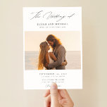Invitation Script moderne Elegant Beach Wedding Photo<br><div class="desc">Capturez l'essence de votre histoire d'amour avec notre enseigne de photo moderne Script Elegant Beach Wedding. Parfait pour un mariage sur l'océan ou sur la plage, cette carte à double face présente une photo époustouflante d'un couple qui embrasse au coucher du soleil, incarnant l'élégance intemporelle d'une romance balnéaire. La calligraphie...</div>