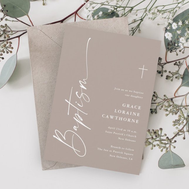 Invitation Script moderne élégant Genre Neutral Boho Baptême (Modern Elegant Script Boho Gender Neutral Baptism Invitations.)