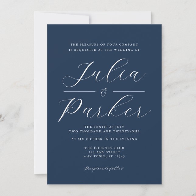 Invitation Script moderne élégant Mariage bleu marine (Devant)