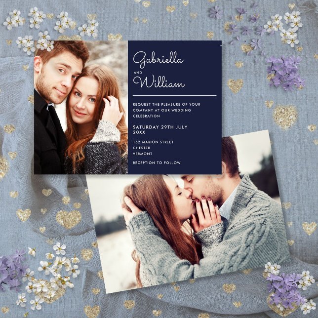 Invitation Script moderne élégant Marine Blue 2 Mariage photo (Modern Elegant Script Navy Blue 2 Photo Wedding Invitation)