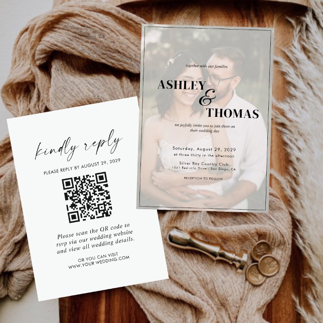 Invitation Script moderne élégant QR Code photo RSVP mariage (Créateur téléchargé)