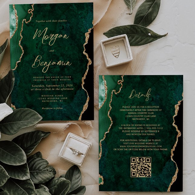 Invitation Script moderne Emerald Green Agate QR Code Mariage (Créateur téléchargé)