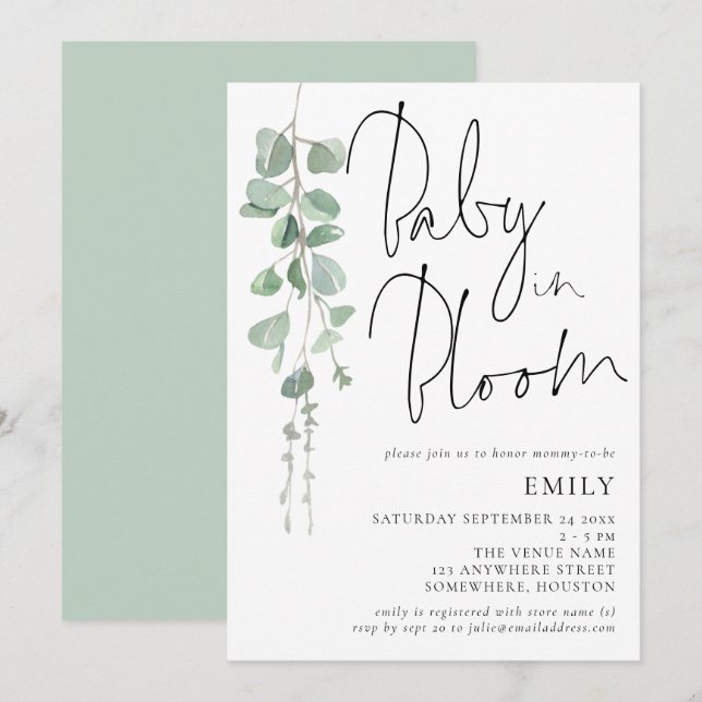 Invitation Script moderne Eucalyptus bébé dans douche en fleu (Devant / Derrière)