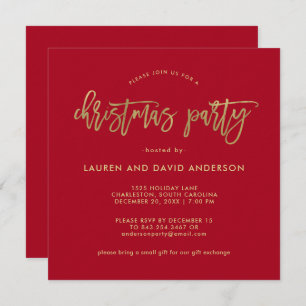 Invitation Script moderne Fête de Noël Rouge et Faux Gold