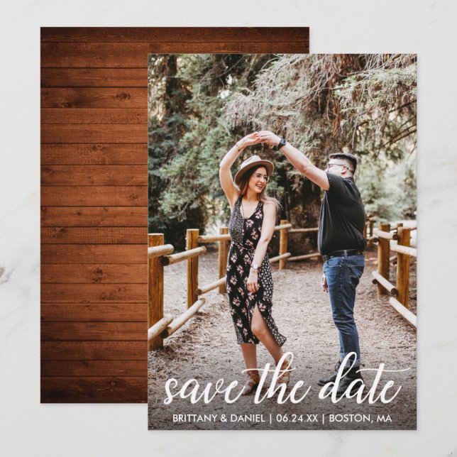 Invitation Script Moderne Fiançailles En Bois Enregistrer La  (Devant / Derrière)