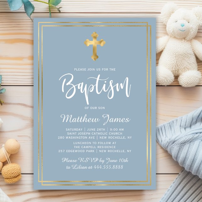 Invitation Script moderne Gold Cross Dusty Blue Boy Baptême (Créateur téléchargé)