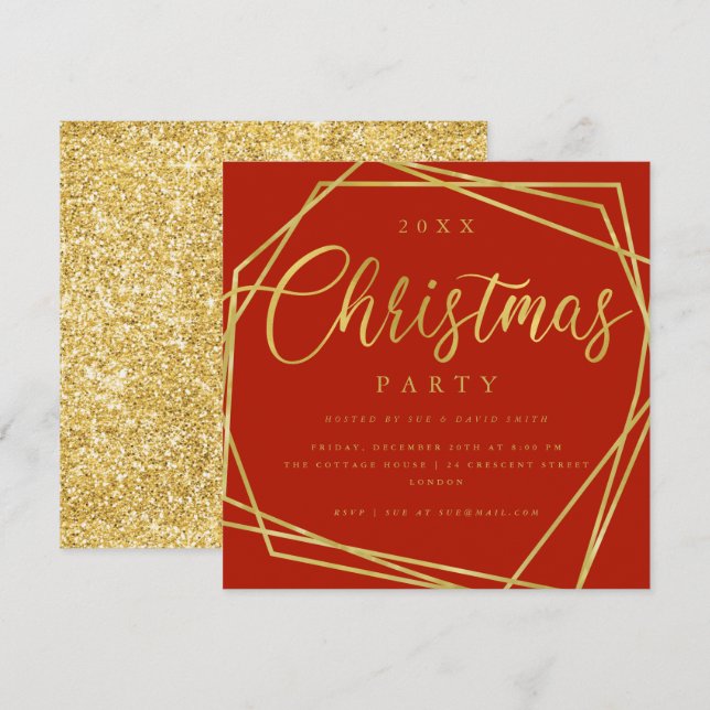 Invitation Script MODERNE Gold Red Foil Frame de Noël (Devant / Derrière)