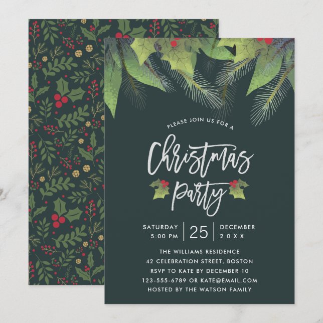 Invitation Script moderne Green Holly Leaf fête de Noël (Devant / Derrière)
