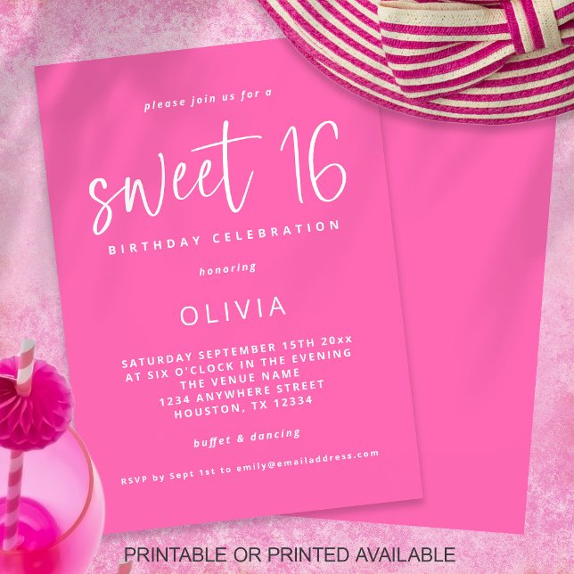 Invitation Script moderne Hot rose Sweet 16 Anniversaire fête (Créateur téléchargé)