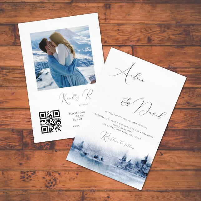 Invitation Script moderne Indigo Watercolor Mariage paysager (Créateur téléchargé)