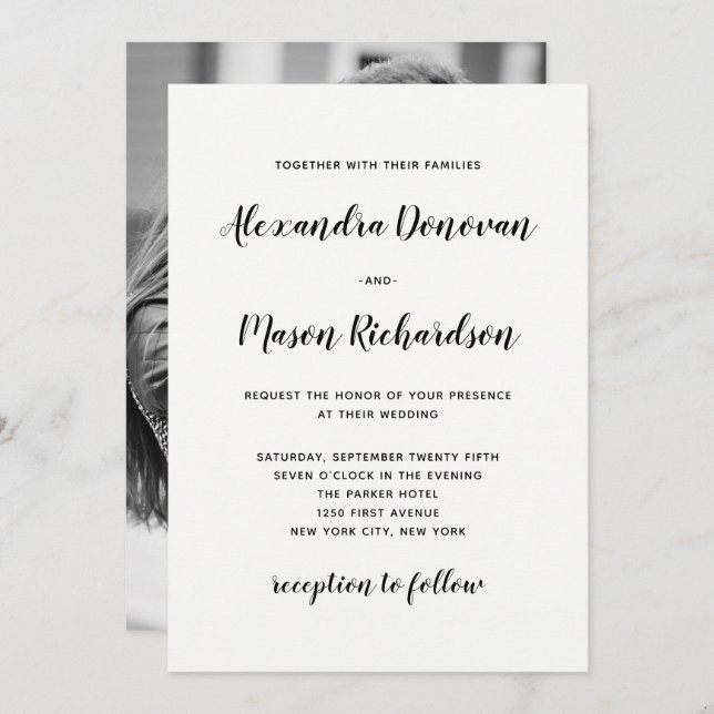 Invitation Script moderne | Mariage arrière photo noir et bla (Devant / Derrière)