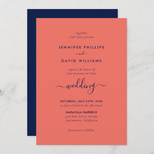 Invitation Script moderne Marine bleu et Mariage de corail