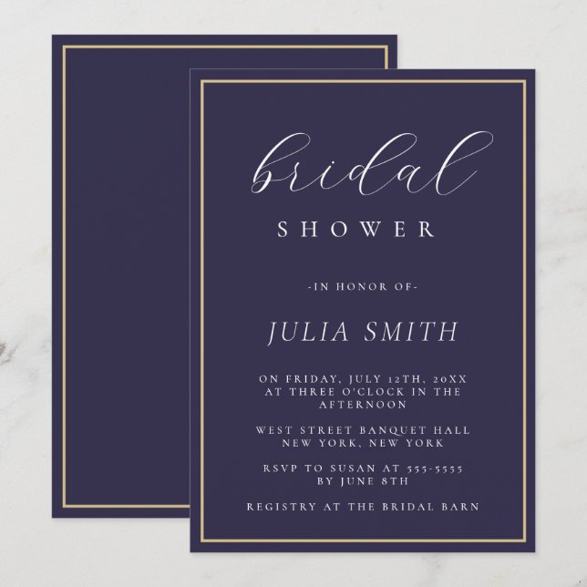 Invitation Script moderne Marine Blue Bridal Showeuse Invitat (Devant / Derrière)