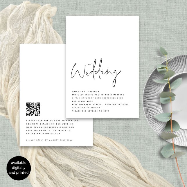 Invitation Script moderne minimaliste noir Mariage blanc (Front and back view)