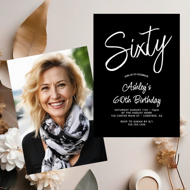 Invitation Script moderne noir blanc 60ème photo Anniversaire (Créateur téléchargé)