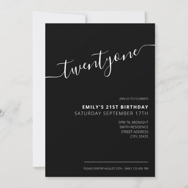Invitation Script moderne noir élégant 21e anniversaire (Devant)