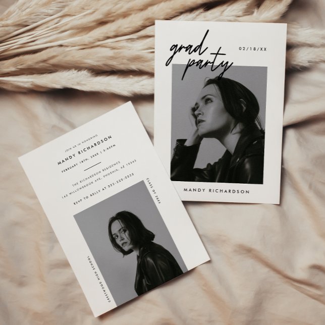 Invitation Script moderne noir et blanc 2 diplôme photo (Créateur téléchargé)