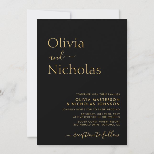 Invitation Script moderne noir et or QR Code Mariage photo (Devant)