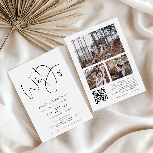 Invitation Script moderne Nous faisons 3 Photos QR Code Maria (front and back view)