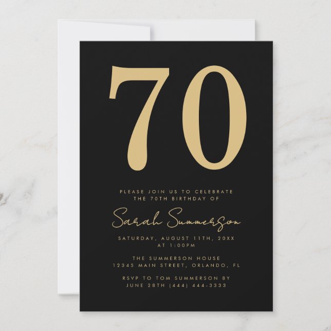 Invitation Script Moderne Or Noir Soixante-dix 70e Anniversai (Devant)