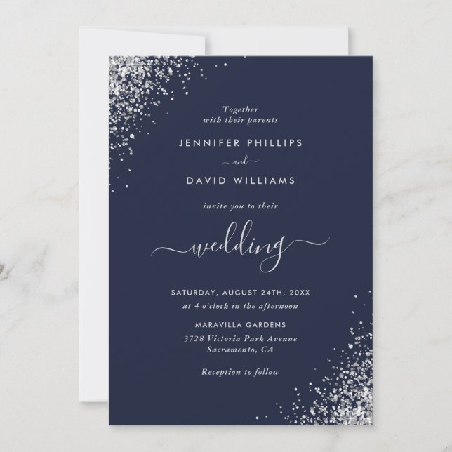 Invitation Script moderne Parties scintillant en argent Marin (Devant)