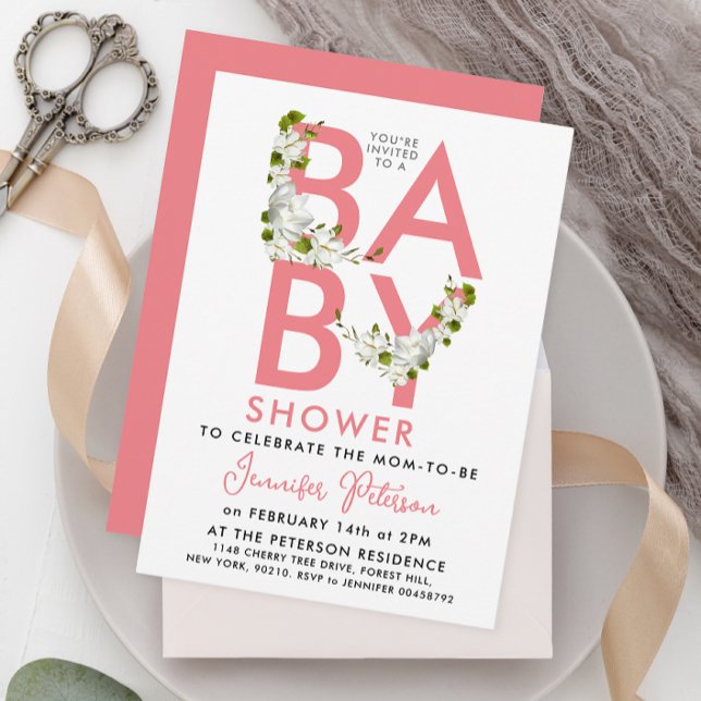 Invitation Script moderne Pastel Baby shower rose Floral (Créateur téléchargé)