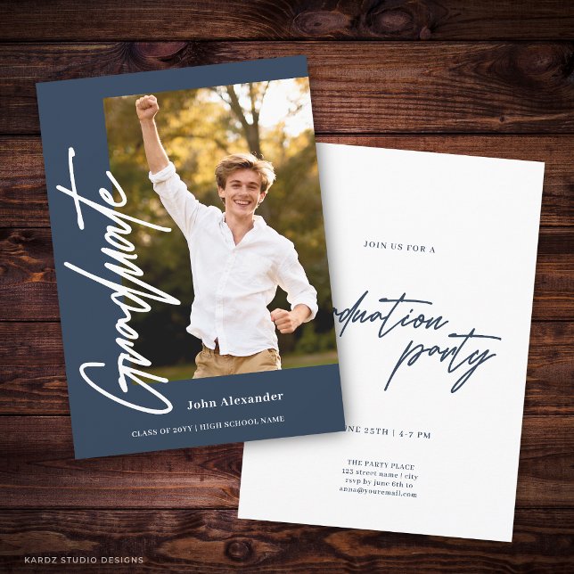 Invitation Script Moderne Photo de Promotion Bleu Marine Remi (The front and back of the invitation are shown at 5x7-inch size. Choose size, paper, + corner style.)