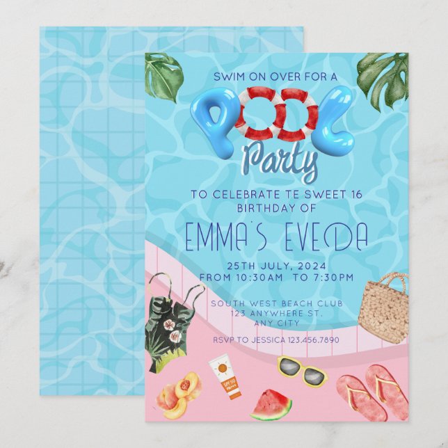 Invitation Script moderne Pool Party Sweet 16 Anniversaire (Devant / Derrière)