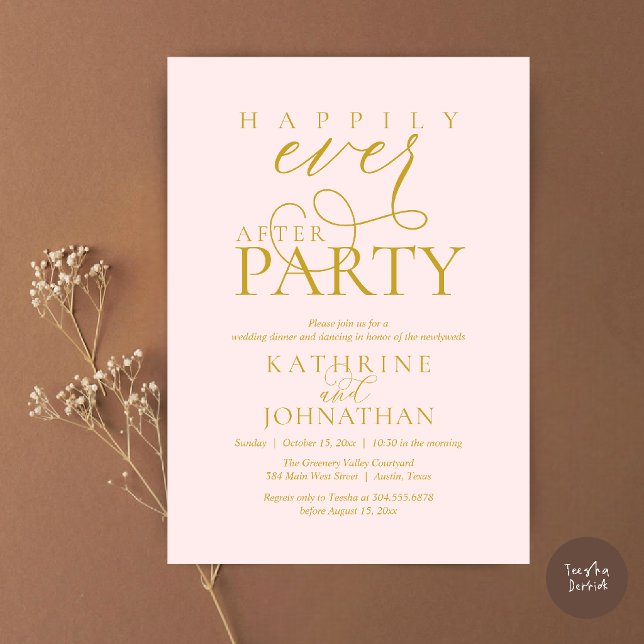 Invitation Script Moderne pour une Fête de Mariage Intime apr (Modern Script Happily Ever After Dinner Party Elopement Invitation Card in Blush and gold)