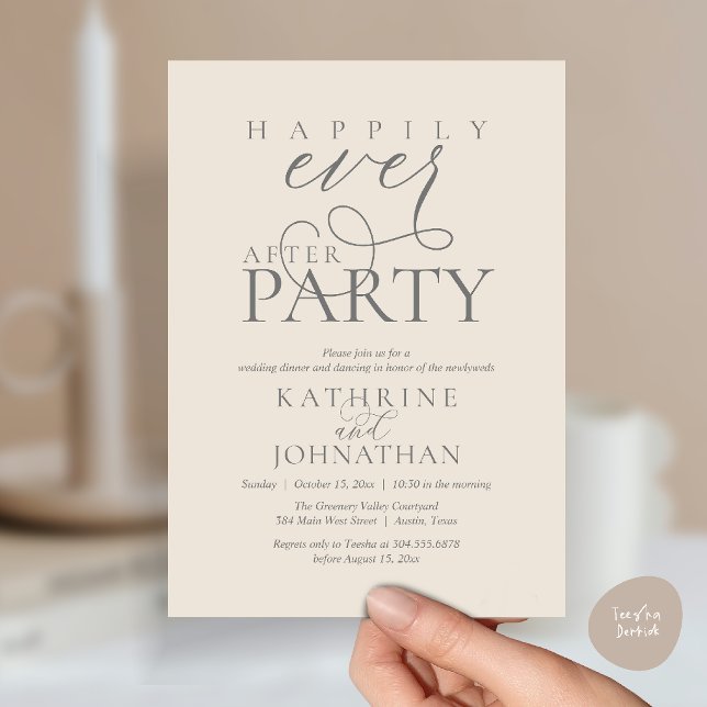 Invitation Script Moderne pour une Fête de Mariage Intime apr (Modern Script Happily Ever After Dinner Party Elopement Invitation Card in Cream and grey)
