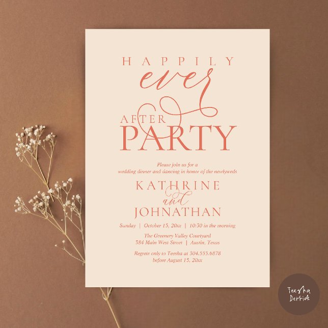 Invitation Script Moderne pour une Fête de Mariage Intime et  (Modern Script Happily Ever After Dinner Party Elopement Invitation Card in terracotta Clay)