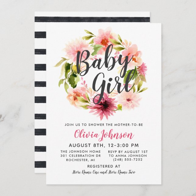 Invitation Script moderne rose Floral Wreath Baby Girl Douche (Devant / Derrière)