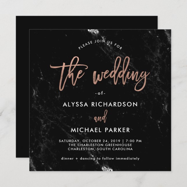 Invitation Script moderne| Rose Gold sur le Mariage en marbre (Devant / Derrière)