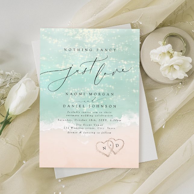 Invitation Script Moderne Sables Cœurs Rien de Fantaisiste Ju (Modern Script Sand Hearts Nothing Fancy Just Love Invitation)