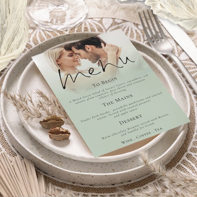 Invitation Script moderne Sage photo Mariage vert Menu (Modern Photo Overlay Sage Green Menu available printed or digitally)