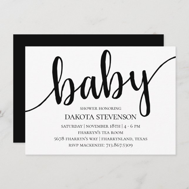 Invitation Script moderne simple | Baby shower de script flor (Devant / Derrière)