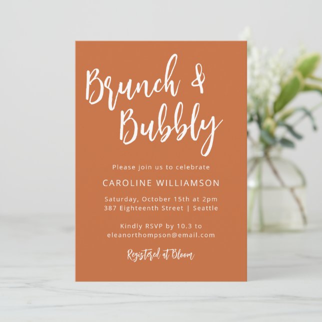 Invitation Script moderne tendance Brunch Bubbly Douche orang (Debout devant)