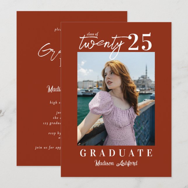 Invitation Script moderne Terracotta Photo Graduation Party (Devant / Derrière)