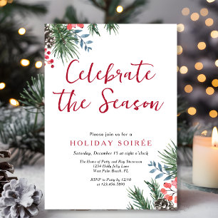 Invitation Script moderne Winter Holly Berries Holiday Soirée