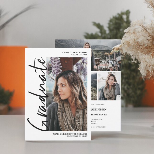 Invitation Script noir blanc diplômé photo graduation (Script black white graduate photo graduation Invitation)