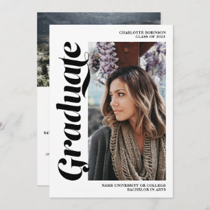 Invitation Script noir et blanc 3 graduation photo