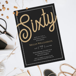 Invitation Script noir et or chic 60e anniversaire