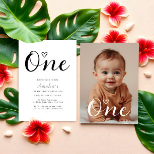 Invitation Script noir minimaliste moderne 1ère photo d'anniv