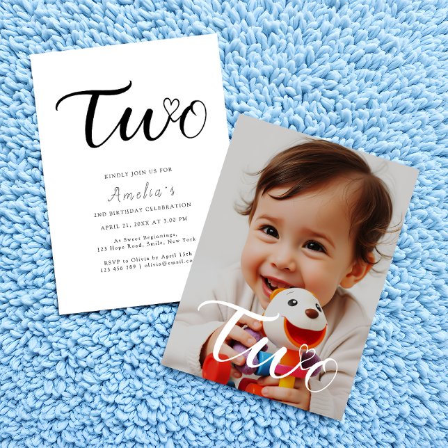 Invitation Script noir minimaliste moderne 2e photo d'anniver (Créateur téléchargé)