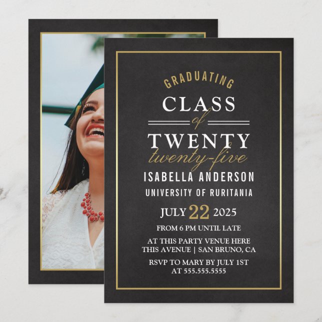 Invitation Script or et blanc sur tableau de bord | Photo de  (Devant / Derrière)