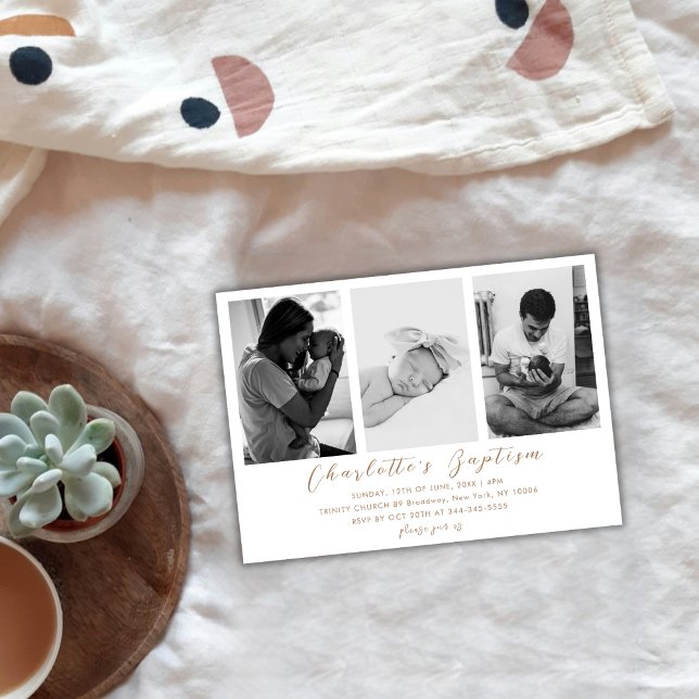 Invitation Script Or moderne Famille Bébé Photo Baptême (Modern Gold Script Family Baby Photo Baptism Invitation)