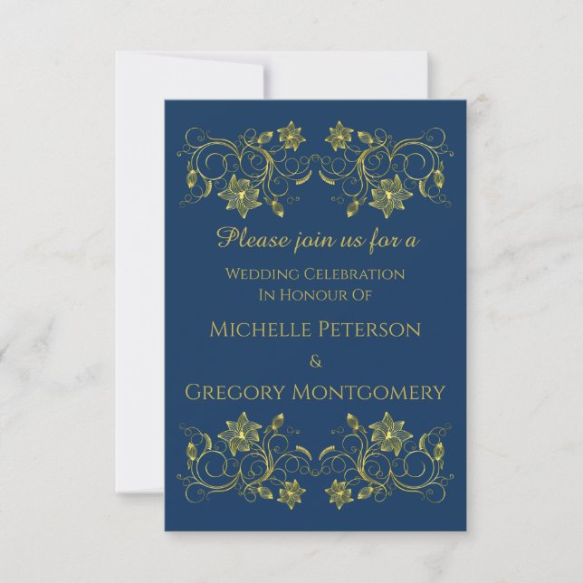 Invitation Script or sur Mariage bleu et filigree Atlantique (Devant)