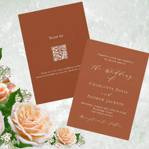 Invitation Script orange brûlé code QR RSVP mariage de luxe